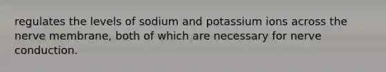 regulates the levels of sodium and potassium ions across the nerve membrane, both of which are necessary for nerve conduction.