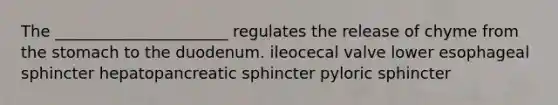 The ______________________ regulates the release of chyme from the stomach to the duodenum. ileocecal valve lower esophageal sphincter hepatopancreatic sphincter pyloric sphincter