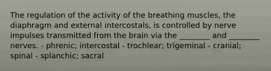 The regulation of the activity of the breathing muscles, the diaphragm and external intercostals, is controlled by nerve impulses transmitted from the brain via the ________ and ________ nerves. - phrenic; intercostal - trochlear; trigeminal - cranial; spinal - splanchic; sacral