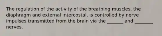 The regulation of the activity of the breathing muscles, the diaphragm and external intercostal, is controlled by nerve impulses transmitted from <a href='https://www.questionai.com/knowledge/kLMtJeqKp6-the-brain' class='anchor-knowledge'>the brain</a> via the _______ and ________ nerves.