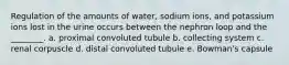 Regulation of the amounts of water, sodium ions, and potassium ions lost in the urine occurs between the nephron loop and the ________. a. proximal convoluted tubule b. collecting system c. renal corpuscle d. distal convoluted tubule e. Bowman's capsule