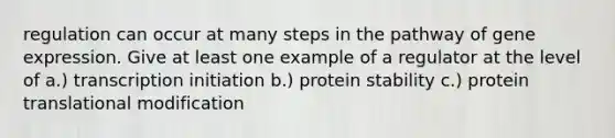 regulation can occur at many steps in the pathway of gene expression. Give at least one example of a regulator at the level of a.) transcription initiation b.) protein stability c.) protein translational modification