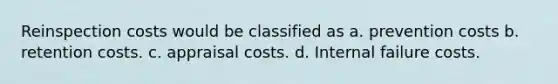 Reinspection costs would be classified as a. prevention costs b. retention costs. c. appraisal costs. d. Internal failure costs.