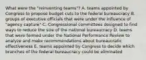 What were the "reinventing teams"? A. teams appointed by Congress to propose budget cuts to the federal bureaucracy B. groups of executive officials that were under the influence of "agency capture" C. Congressional committees designed to find ways to reduce the size of the national bureaucracy D. teams that were formed under the National Performance Review to analyze and make recommendations about bureaucratic effectiveness E. teams appointed by Congress to decide which branches of the federal bureaucracy could be eliminated