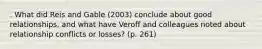 . What did Reis and Gable (2003) conclude about good relationships, and what have Veroff and colleagues noted about relationship conflicts or losses? (p. 261)