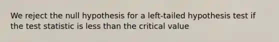 We reject the null hypothesis for a left-tailed hypothesis test if the test statistic is less than the critical value