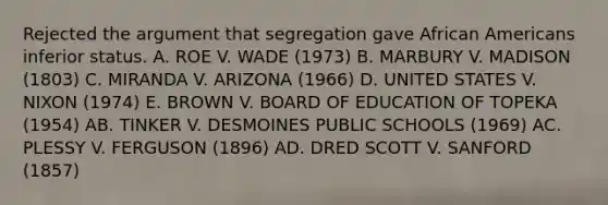 Rejected the argument that segregation gave African Americans inferior status. A. ROE V. WADE (1973) B. MARBURY V. MADISON (1803) C. MIRANDA V. ARIZONA (1966) D. UNITED STATES V. NIXON (1974) E. BROWN V. BOARD OF EDUCATION OF TOPEKA (1954) AB. TINKER V. DESMOINES PUBLIC SCHOOLS (1969) AC. PLESSY V. FERGUSON (1896) AD. DRED SCOTT V. SANFORD (1857)