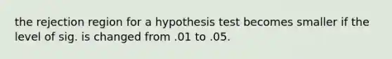 the rejection region for a hypothesis test becomes smaller if the level of sig. is changed from .01 to .05.