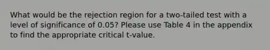 What would be the rejection region for a two-tailed test with a level of significance of 0.05? Please use Table 4 in the appendix to find the appropriate critical t-value.