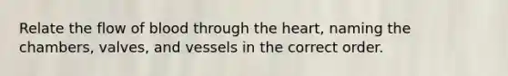 Relate the flow of blood through the heart, naming the chambers, valves, and vessels in the correct order.