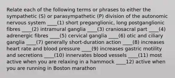 Relate each of the following terms or phrases to either the sympathetic (S) or parasympathetic (P) division of <a href='https://www.questionai.com/knowledge/kMqcwgxBsH-the-autonomic-nervous-system' class='anchor-knowledge'>the autonomic nervous system</a> ____(1) short preganglionic, long postganglionic fibres ____(2) intramural ganglia ____(3) craniosacral part ____(4) adrenergic fibres ____(5) cervical ganglia ____(6) otic and ciliary ganglia ____(7) generally short-duration action ____(8) increases heart rate and blood pressure ____(9) increases gastric motility and secretions ____(10) innervates <a href='https://www.questionai.com/knowledge/kZJ3mNKN7P-blood-vessels' class='anchor-knowledge'>blood vessels</a> ____(11) most active when you are relaxing in a hammock ____12) active when you are running in Boston marathon