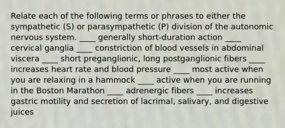 Relate each of the following terms or phrases to either the sympathetic (S) or parasympathetic (P) division of the autonomic nervous system. ____ generally short-duration action ____ cervical ganglia ____ constriction of blood vessels in abdominal viscera ____ short preganglionic, long postganglionic fibers ____ increases heart rate and blood pressure ____ most active when you are relaxing in a hammock ____ active when you are running in the Boston Marathon ____ adrenergic fibers ____ increases gastric motility and secretion of lacrimal, salivary, and digestive juices