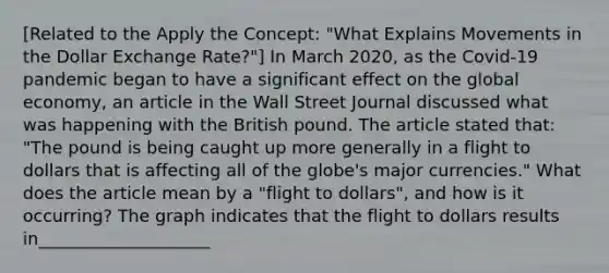 [Related to the Apply the​ Concept: "What Explains Movements in the Dollar Exchange ​Rate?"​] In March​ 2020, as the​ Covid-19 pandemic began to have a significant effect on the global​ economy, an article in the Wall Street Journal discussed what was happening with the British pound. The article stated​ that: "The pound is being caught up more generally in a flight to dollars that is affecting all of the​ globe's major​ currencies." What does the article mean by a​ "flight to​ dollars", and how is it​ occurring? The graph indicates that the flight to dollars results in____________________