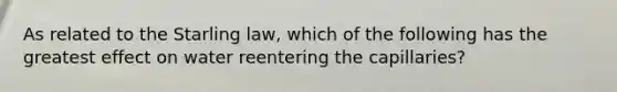 As related to the Starling law, which of the following has the greatest effect on water reentering the capillaries?