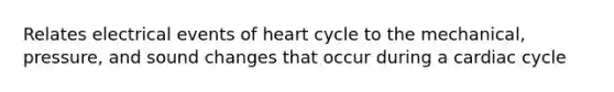 Relates electrical events of heart cycle to the mechanical, pressure, and sound changes that occur during a cardiac cycle