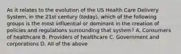 As it relates to the evolution of the US Health Care Delivery System, in the 21st century (today), which of the following groups is the most influential or dominant in the creation of policies and regulations surrounding that system? A. Consumers of healthcare B. Providers of healthcare C. Government and corporations D. All of the above