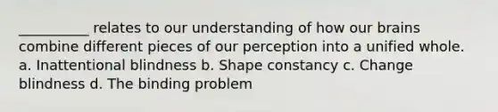 __________ relates to our understanding of how our brains combine different pieces of our perception into a unified whole. a. Inattentional blindness b. Shape constancy c. Change blindness d. The binding problem