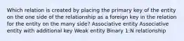 Which relation is created by placing the primary key of the entity on the one side of the relationship as a foreign key in the relation for the entity on the many side? Associative entity Associative entity with additional key Weak entity Binary 1:N relationship