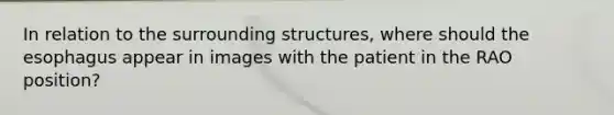 In relation to the surrounding structures, where should the esophagus appear in images with the patient in the RAO position?