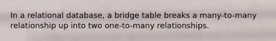 In a relational database, a bridge table breaks a many-to-many relationship up into two one-to-many relationships.