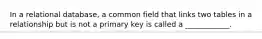 In a relational database, a common field that links two tables in a relationship but is not a primary key is called a ____________.