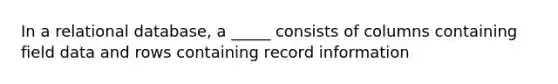 In a relational database, a _____ consists of columns containing field data and rows containing record information