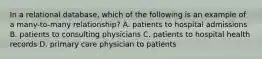 In a relational database, which of the following is an example of a many-to-many relationship? A. patients to hospital admissions B. patients to consulting physicians C. patients to hospital health records D. primary care physician to patients