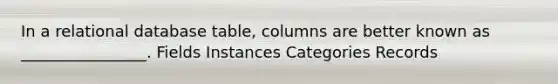 In a relational database table, columns are better known as ________________. Fields Instances Categories Records