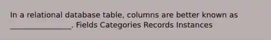 In a relational database table, columns are better known as ________________. Fields Categories Records Instances