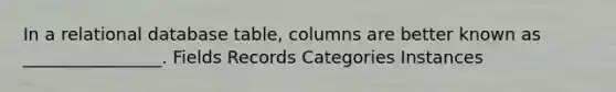 In a relational database table, columns are better known as ________________. Fields Records Categories Instances