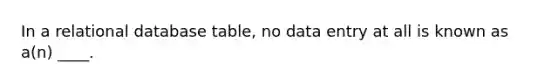 In a relational database table, no data entry at all is known as a(n) ____.