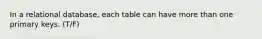 In a relational database, each table can have more than one primary keys. (T/F)