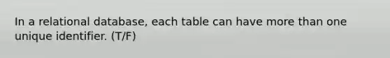 In a relational database, each table can have <a href='https://www.questionai.com/knowledge/keWHlEPx42-more-than' class='anchor-knowledge'>more than</a> one unique identifier. (T/F)