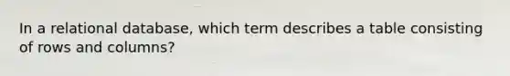 In a relational database, which term describes a table consisting of rows and columns?