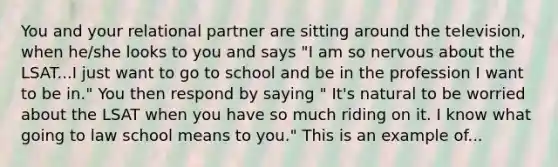 You and your relational partner are sitting around the television, when he/she looks to you and says "I am so nervous about the LSAT...I just want to go to school and be in the profession I want to be in." You then respond by saying " It's natural to be worried about the LSAT when you have so much riding on it. I know what going to law school means to you." This is an example of...