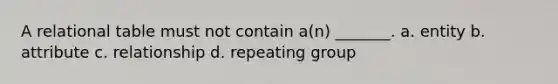 A relational table must not contain a(n) _______. a. entity b. attribute c. relationship d. repeating group