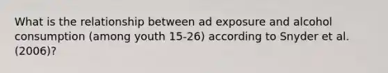 What is the relationship between ad exposure and alcohol consumption (among youth 15-26) according to Snyder et al. (2006)?