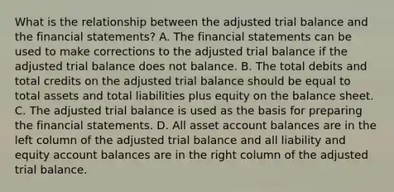 What is the relationship between the adjusted trial balance and the financial statements? A. The financial statements can be used to make corrections to the adjusted trial balance if the adjusted trial balance does not balance. B. The total debits and total credits on the adjusted trial balance should be equal to total assets and total liabilities plus equity on the balance sheet. C. The adjusted trial balance is used as the basis for preparing the financial statements. D. All asset account balances are in the left column of the adjusted trial balance and all liability and equity account balances are in the right column of the adjusted trial balance.