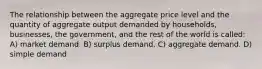 The relationship between the aggregate price level and the quantity of aggregate output demanded by households, businesses, the government, and the rest of the world is called: A) market demand. B) surplus demand. C) aggregate demand. D) simple demand