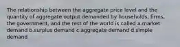 The relationship between the aggregate price level and the quantity of aggregate output demanded by households, firms, the government, and the rest of the world is called a.market demand b.surplus demand c.aggregate demand d.simple demand