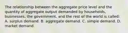 The relationship between the aggregate price level and the quantity of aggregate output demanded by households, businesses, the government, and the rest of the world is called: A. surplus demand. B. aggregate demand. C. simple demand. D. market demand.