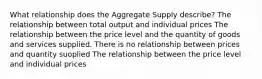 What relationship does the Aggregate Supply describe? The relationship between total output and individual prices The relationship between the price level and the quantity of goods and services supplied. There is no relationship between prices and quantity suoplied The relationship between the price level and individual prices