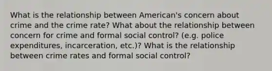 What is the relationship between American's concern about crime and the crime rate? What about the relationship between concern for crime and formal social control? (e.g. police expenditures, incarceration, etc.)? What is the relationship between crime rates and formal social control?