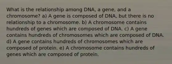 What is the relationship among DNA, a gene, and a chromosome? a) A gene is composed of DNA, but there is no relationship to a chromosome. b) A chromosome contains hundreds of genes which are composed of DNA. c) A gene contains hundreds of chromosomes which are composed of DNA. d) A gene contains hundreds of chromosomes which are composed of protein. e) A chromosome contains hundreds of genes which are composed of protein.