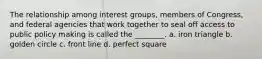 The relationship among interest groups, members of Congress, and federal agencies that work together to seal off access to public policy making is called the ________. a. iron triangle b. golden circle c. front line d. perfect square