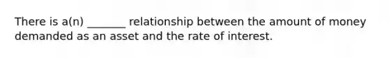 There is a(n) _______ relationship between the amount of money demanded as an asset and the rate of interest.