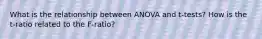 What is the relationship between ANOVA and t-tests? How is the t-ratio related to the F-ratio?