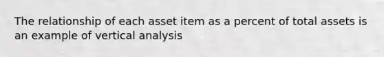 The relationship of each asset item as a percent of total assets is an example of vertical analysis