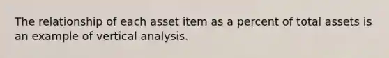 The relationship of each asset item as a percent of total assets is an example of vertical analysis.