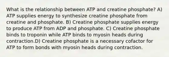 What is the relationship between ATP and creatine phosphate? A) ATP supplies energy to synthesize creatine phosphate from creatine and phosphate. B) Creatine phosphate supplies energy to produce ATP from ADP and phosphate. C) Creatine phosphate binds to troponin while ATP binds to myosin heads during contraction.D) Creatine phosphate is a necessary cofactor for ATP to form bonds with myosin heads during contraction.